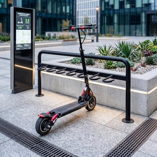 REKORD Frida E-Scooter Ständer aus verzinktem Stahl für 7 E-Scooter & Klassische Tretroller 170 x 77 x 30 cm Wetterfest & Pulverbeschichtet Schwarz Matt Für Außenbereich & Öffentlichen Raum
