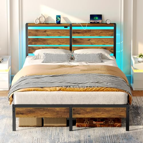 Rolanstar Bettgestell mit LED, Metallbettl mit USB-Ladestation & Holzkopfteil, Doppelbett mit Stauraum unter dem Bett, perfekt für Schlafzimmer (Vintagebraun, 140 x 200)