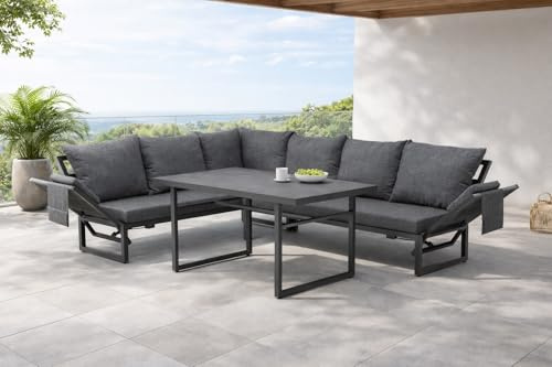 Gardissimo San Remo Anthrazit Dining Eck Lounge Set 3 in 1 Gartenlounge | Flexibel Stellbar mit Ecksofa, Kopfteile Verstellbar, Esstisch & Kissen, Wetterfest bis 7 Personen, Bezüge Waschbar