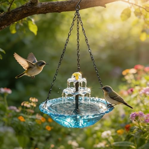 Vogeltränke Balkon, Vogeltränke Hängend mit Springbrunnen Solar, Solar Vogelbad Garten, Kunststoff Vogelbecken Schüssel mit Metall Ketten, Wassertränke für Sommer Draußen Wildvögel (Blau)