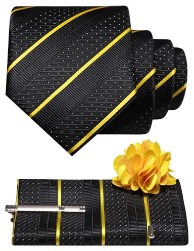 JEMYGINS Schwarz Gestreift Gepunktet Krawatte Set Herren Polyester Elegant Einstecktuch Krawattenklammer Ansteckblume Business Hochzeit Mehrfarbig