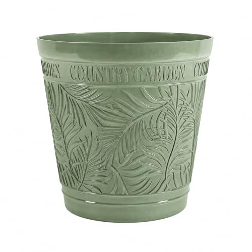 Muddy Hands Large Outdoor Garden Planter Pot with Embossed Leaf Design | Decorative Plastic Plant Pot for Flowers, Shrubs & Patio Plants | Country Garden Style Planter Container (Green, 35 Litre)