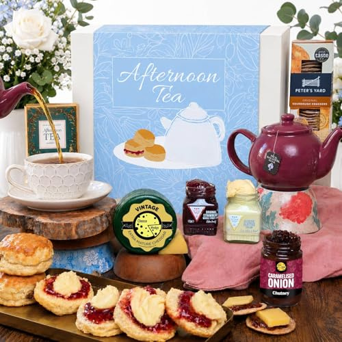 Afternoon Tea Hamper For 2 Gift Set | Cream Tea & Cheese Gift Box | Includes Scones, Clotted Cream, Strawberry Jam, Tea, Vintage Cheddar, Crackers & Chutney | Luxury Treats For Her & Couples