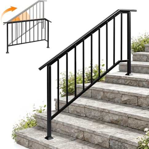 VINGLI Outdoor Handrail for 4-5 Front Steps, Thick Sturdy Wrought Iron