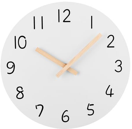 Plumeet Horloge Murale en Bois de 30cm Horloge Murale sans Cadre avec Mouvement à Quartz Silencieux- Horloge Blanche de Style Minimaliste Moderne Décoration pour Salon, Alimentée par Batterie