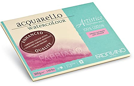 Honsell Fabriano Artistico Acquarello Watercolour, bianco naturale satinato, 23 x 30,5 cm, 20 fogli da 300 g/m², cartoncino per acquerello di alta qualità, blocco 4 lati, vegano (19002330)