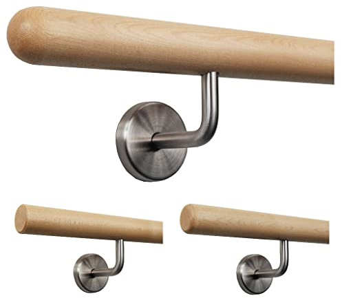 TIBU Handlauf Holz Ahorn Ø 35 mm für Geländer Länge 120 cm + 2 Halter und Enden Halbkugel gefräst