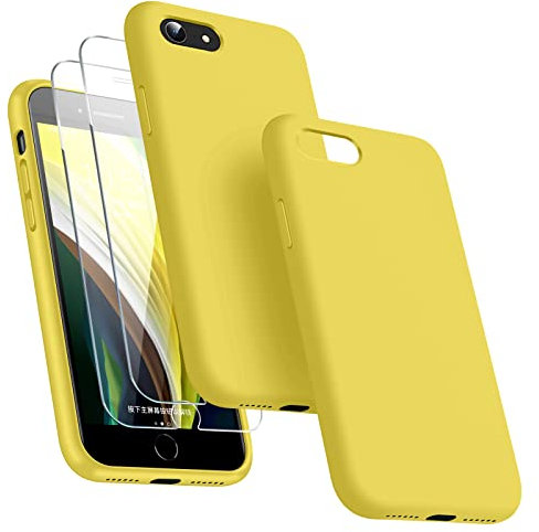 Dssairo [3-in-1 für iPhone SE Hülle 2022/3rd/2020/2nd gen, iPhone 7/8 Hülle, mit 2 Displayschutzfolien, Flüssigsilikon, ultradünn, stoßfest, Schutzhülle [Mikrofaser-Futter] (Gelb)