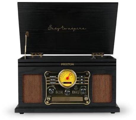 PRIXTON Platine Vinyle Century, Tourne-Disque Vintage avec Bluetooth, Lecteur et Convertisseur des vinyles/CD/Cassete/USB/MPS/Radio FM, 2 Haut-parleurs, Couleur Noir