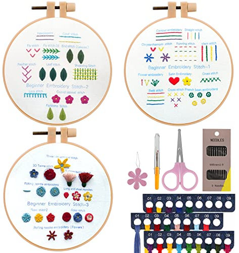 JSRQT 3 Stück Stich Praxis Stickerei Kit für Anfänger, Verschiedene Stiche Stickerei Set,Embroidery Stitch Practice Kit für DIY Kunst, Handwerk