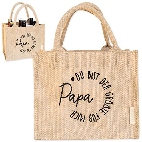 Papierdrachen Jutetasche mit toller Bestickung Papa- Du bist der Größte für uns zum Vatertag - mit herausnehmbarer Facheinteilung für 6 Flaschen mit Haftverschluss - in Grösse 25x15x21cm