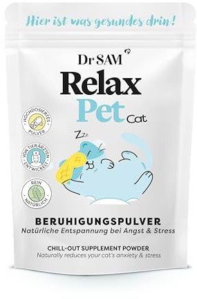 Dr. SAM Premium Anti-Stresspulver für Katzen - RelaxPet als natürliches Beruhigungsmittel für Entspannung bei Angst & Stress - Ruhe bei Reisen und Feiern - hochdosiert - 45g