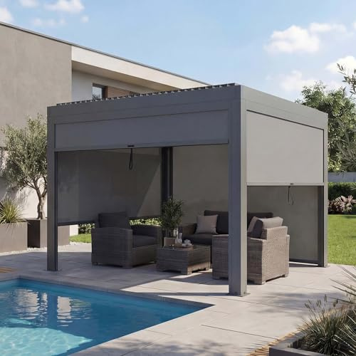 Mendler Pergola HWC-L46 mit Seitenwand 11cm-Alu-Gestell 3x3m - anthrazit | Gartenpavillon, Lamellen-Pavillon, Rollo, sturmfest
