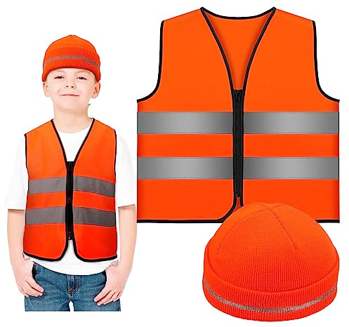 Berlune 2 Pcs Kids Hunting Vest & Beanie Set Reflective Hunting Clothes Blaze Vests for Night Hiking Outdoor(Orange,S,Classic Style)