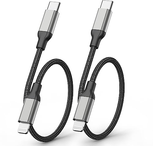 Acecene - Câble USB C vers Lightning [30 cm, 2 pièces], certifié MFi, câble de charge court en nylon tressé pour iPhone 14, 13, 12, 11, Mini Pro Max X XS XR 8, 7, 6 Plus SE iPad, noir