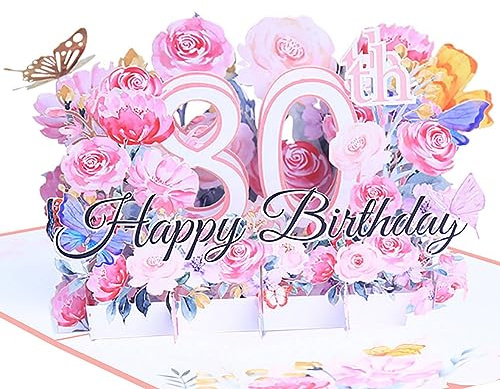 Geburtstagskarte zum 80. 3d blume pop up geburtstag karte Grußkarten Geschenk-Karte mit Umschlag Happy Birthday Greeting Card für achtzig 80 jahre frau, Mütter, Freunden, Familie women wife (Rosa)