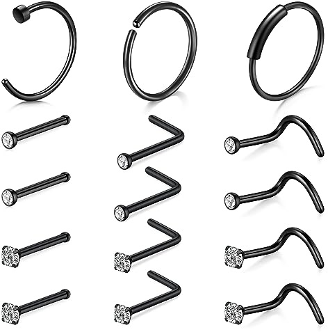 Mayhoop 22G Anello del naso Borchie Vite Set sottile 0,6 millimetri acciaio chirurgico CZ Nostril Piercing Gioielli Nero Unisex Regalo per le donne Uomini