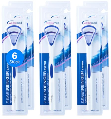 Wellsamed 6 Stück Zungenreiniger Expert Blau, zur effektiven Bekämpfung von Zungenbelag und Halitosis
