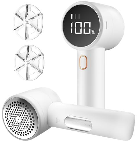 Buywoo Rasoio elettrico per tessuti, levapelucchi ricaricabile, per rimuovere pelucchi, funzionamento a batteria, 6 lame, 3 velocità, con display a LED per vestiti, tappezzeria, mobili, colore: bianco