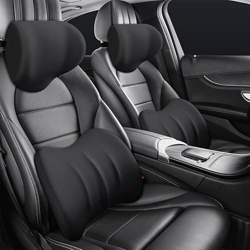 FUXNGZI Ergonomische Kopfstütze und Lendenkissen für Autositze, Auto Nackenkissen, Weichheit Auto Kopfstütze zum Fahren mit Atmungsaktiver Abnehmbarer Abdeckung (Schwarz, Kopfstütze + Lendenkissen)