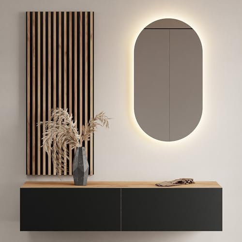 Planetmöbel Flur Möbel Garderobe 1x 140cm Gold Eiche/Anthrazit | Wandpaneel 50cm Gold Eiche/Anthrazit mit Spiegel 50cm (ohne LED), Wandgarderobe 32,5H x 140B x 37,8T cm