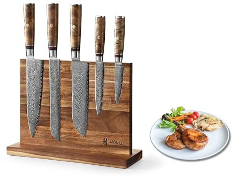 Wakoli Culinary Sycamore 6-teiliges Damastmesser-Set – 67 Lagen VG10-Kern, 60 ± 2 HRC, Bergahorn-Griffe, Brotmesser Wellenschliff, magnetischer Messerblock, Profi Küchenmesser für präzises Schneiden