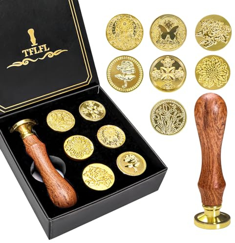 Wachssiegel-Stempel-Set, 7-teiliges Wachsstempelköpfe mit Holzgriff, Wachs-Umschlag-Siegelstempel-Set für Hochzeits-Party-Einladungskarte