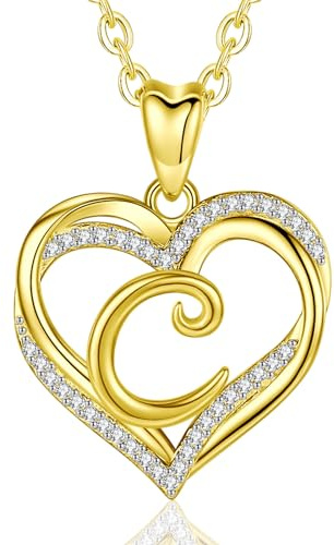 INFUSEU C Initiale Halskette, Doppelherz und 18K Gold Anhänger A-Z Buchstaben Schmuck Cubic Zirkonia Geburtstags Geschenke für Frauen Frau Mutter, 20 Zoll Kette