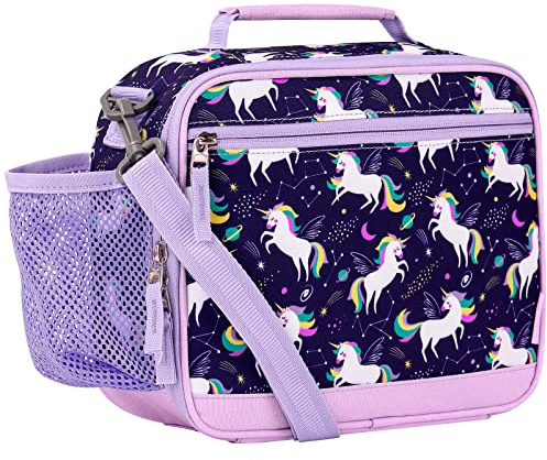 Choco Mocha Unicorn Lunch Bag for Girls, Kids Purple Insulated Lunch Bag for School Picnic with Strap, Childrens Lunch Box Cooler Bag with Bottle Hoder