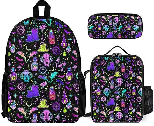 FJAUOQ Unisex Rucksack Set 3 Stück Büchertasche + Federmäppchen + Lunchtasche Kombination (Kompatibel mit Gothic Magic Witch Witchy)