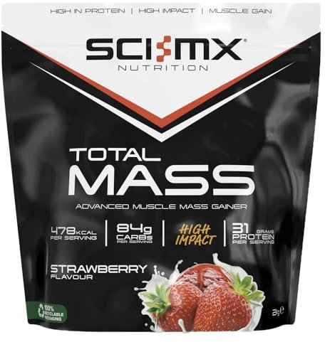 SCI-MX Total Mass - Advanced Muscle Mass Gainer Protein Powder - Muscle Growth & Weight Gain - Strawberry • 31g Protein + 478 Calories per Serving • 2kg