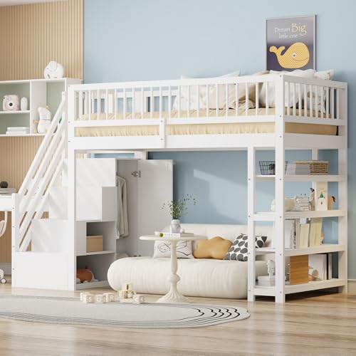 Dolamaní Hochbett 90x200 cm mit Ablage & Schrank & Treppe & Raufallschutzan Sicherheit, Bett mit Stauraum, Massiv Holzbett (Weiß)