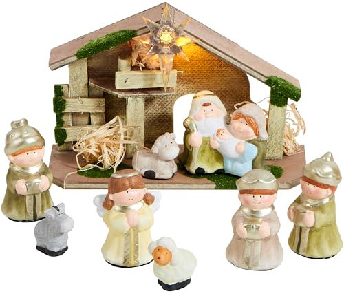 JOYIN 9-teiliges Weihnachtskrippenset mit Weihnachtsgeschichte, kleines Weihnachtskrippenspielset mit Krippe und 8 Figuren, Miniaturspielzeug für Kinder und Kleinkinder, Partydekoration für den Tisch