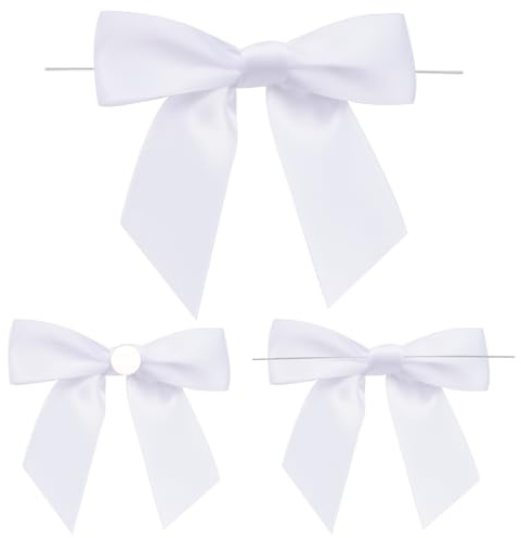 G2PLUS 50 Stück Weiß Fertige Schleifen, Geschenkschleifen Selbstklebend, Satin Schleifen zum Basteln, Schleife Geschenk mit Draht für Geschenkverpackung, Basteln