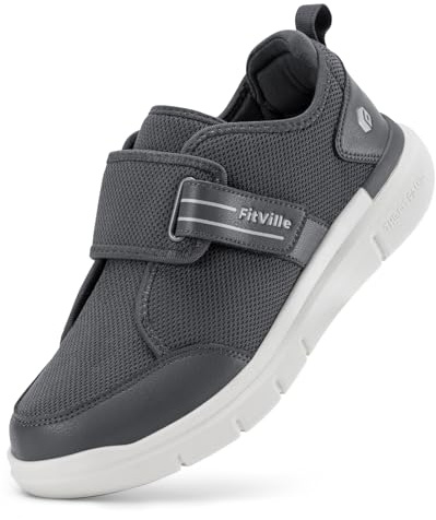 FitVille Diabetic Shoes for Men Extra Wide, Hook and Loop Walking Shoes for Elderly for Swollen Feet Foot Pain Relief Neuropathy - EasyTop V10 Slate Grey