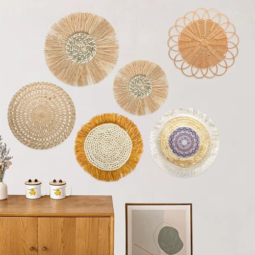 6 Pezzi Decorazioni per Cestini da Parete Boho, Intrecciati Cestini Sospesi, Cesti in Vimini per Agriturismo Soggiorno