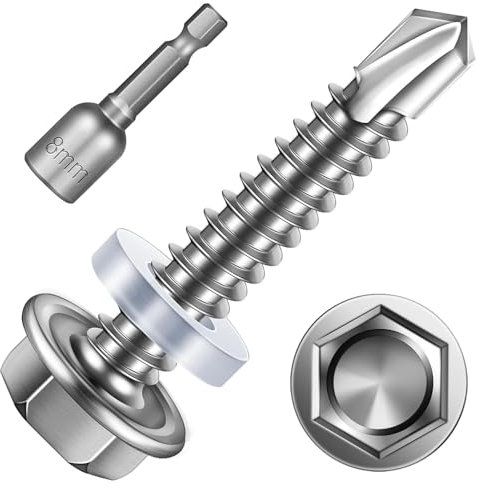25 viti autofilettanti, 5,5 x 32, viti autofilettanti, viti autofilettanti, viti autofilettanti in acciaio inox, viti per lamiera trapezoidale, con rondella di tenuta e chiave esagonale