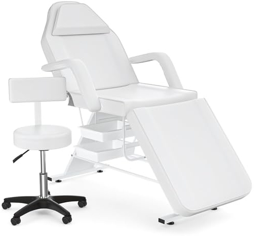 Charmmade Tattoo Bed,Spa Chairs for Esthetician Adjustable Facial Bed Professional Tattoo Chair for Clients Multi-use Massage Table, 2 Storage Boxes, Backrest Stool, White