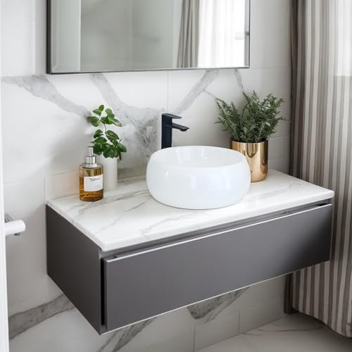 NUESTRA VIDA Lavandino di Appoggio Design Moderno, Lavabo da Appoggio 40 x 40 x 15,5 cm, Lavandino Bagno Lavabo Rotondo in Ceramica, Finitura Bianco Lucido, Senza Foro per Rubinetteria