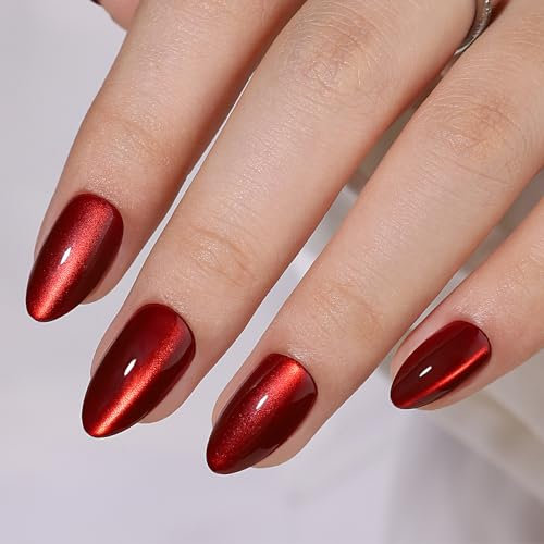 Noerrors Kurze Mandel Press On Nägel 32 Stück Rote Katzenauge Falsche Nägel mit Kleber Glänzende Glitzer Dunkelrote Aufklebbare Falsche Acrylnägel Vollständige Abdeckung mit Gelkleber Nagelspitzen