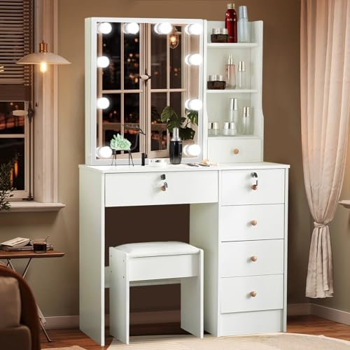 Saimeihome Schminktisch mit Beleuchtung und Hocker, Frisiertisch mit 3 Farben einstellbare Helligkeit, Kosmetiktisch mit 6 Schubladen 6 Ablagefächern für Schlafzimmer Kinderzimmer, 80x36x130cm SW6