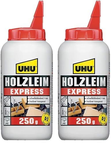 UHU Holzleim Express Flasche, Universeller und besonders schnell trocknender Weißleim - geeignet für alle üblichen Holzarten und -verklebungen, 250 g (Packung mit 2)
