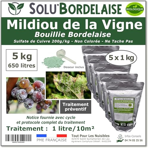 Solu'Bordelaise - 5 kg de Bouillie Bordelaise - Mildiou de la Vigne - Utilisable Agriculture Biologique - 5 Sachets Refermable de 1 kg