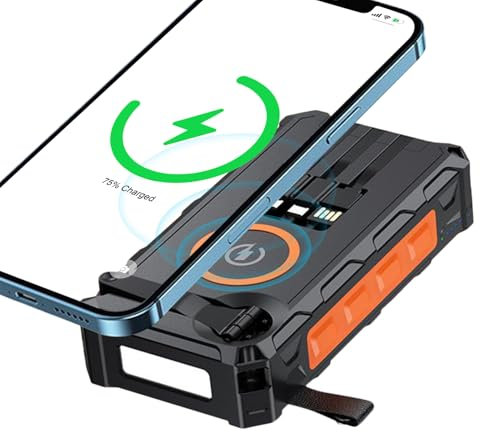 Solcellsladdare powerbank – handvevad batteribank laddare med LED- | externa batteriladdare | Vikbar trådlös powerbank inbyggd SOS-larmfunktion och för cyklister