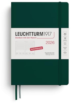 LEUCHTTURM1917 372595 Tageskalender Medium (A5) 2026, 12 Monate, Forest Green, Deutsch