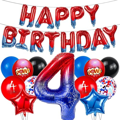 DazzJoy Spider Geburtstagsdeko 4 Jahre Junge Set mit Happy Birthday Ballon, Spidey Luftballon 4 Jahre, Spinnen 40 Zoll 4 Luftballons Zahl, Spidey Deko Geburtstag 4 Junge, Spider Ballon 4 Geburtstag