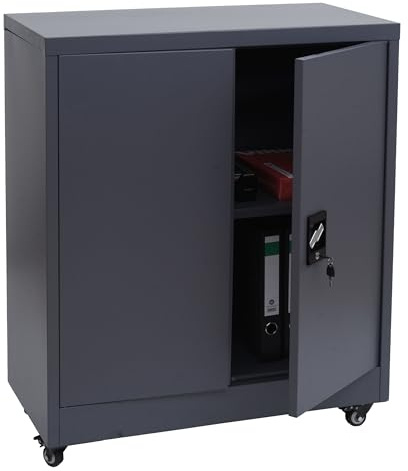 Aktenschrank HWC-O50, Büroschrank Stahlschrank mit Rollen, 2 Türen abschließbar, Stahl 98x80x40cm - dunkelgrau