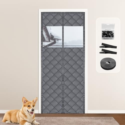 HOMGEN Magnetic Thermal Insulated Door Curtain for Winter - 97x208cm Visible No Drilling Door Covers - Thickened Cold Resistant Door Screen with Snap - Soundproofing Front Curtain for Bedroom