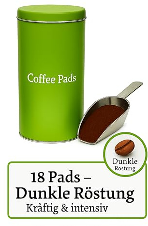 James Premium Kaffee Pad Dose, 18 cm Höhe, Edelstahl Padheber, Dunkle Röstung Grün, mit 18 Pads