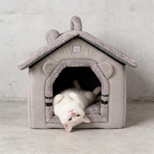 Lovely Cat Bed for Indoor Cats, Cartoon Pattern Cat Cave Bed with Handle Design, Soft Cat Hideaway Indoor Cat House for Kitten, Puppy & Small Pets (M)